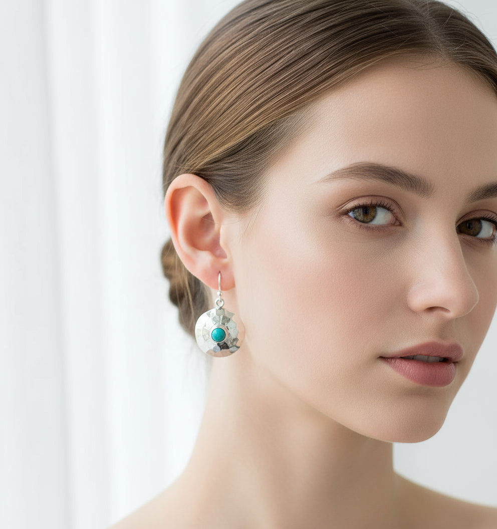 Sterling Silver 925 Handmade Hammered Turquoise Drop Earrings - view 8