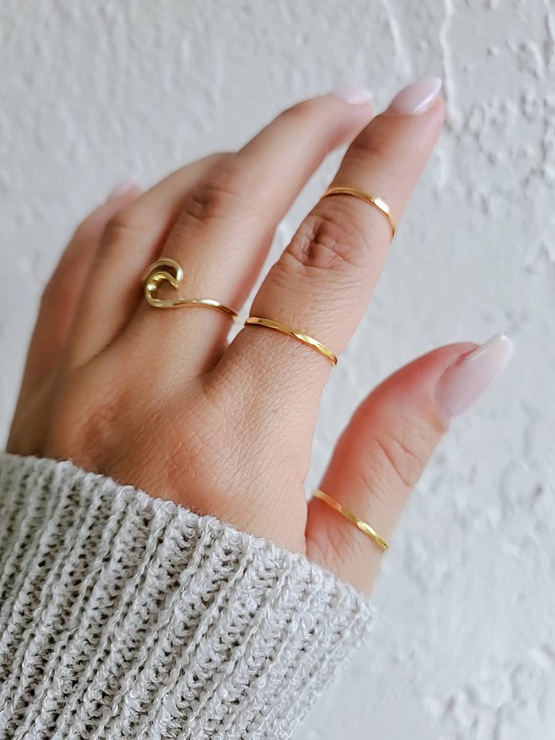 Sterling Silver Minimalist Thin Hammered Three Ring Set