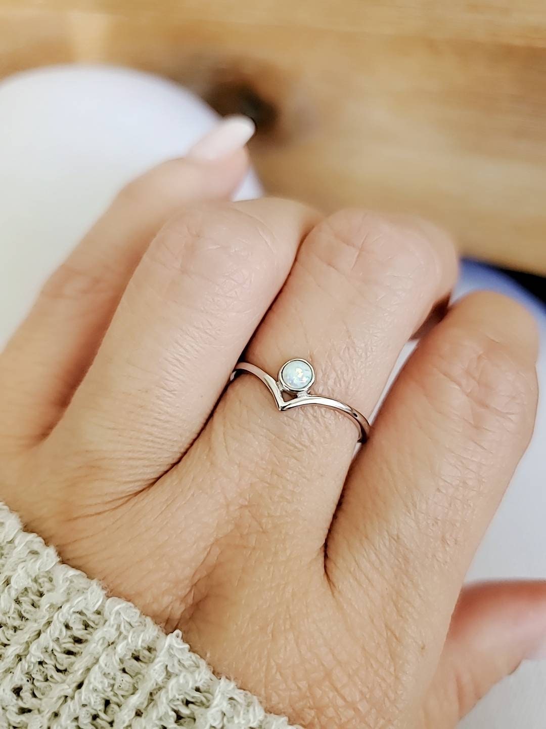 Sterling Silver White Opal Chevron Ring
