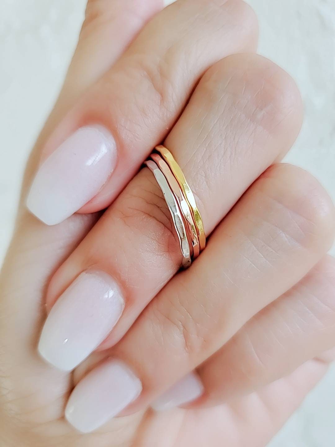 Sterling Silver Minimalist Thin Hammered Three Ring Set - view 5