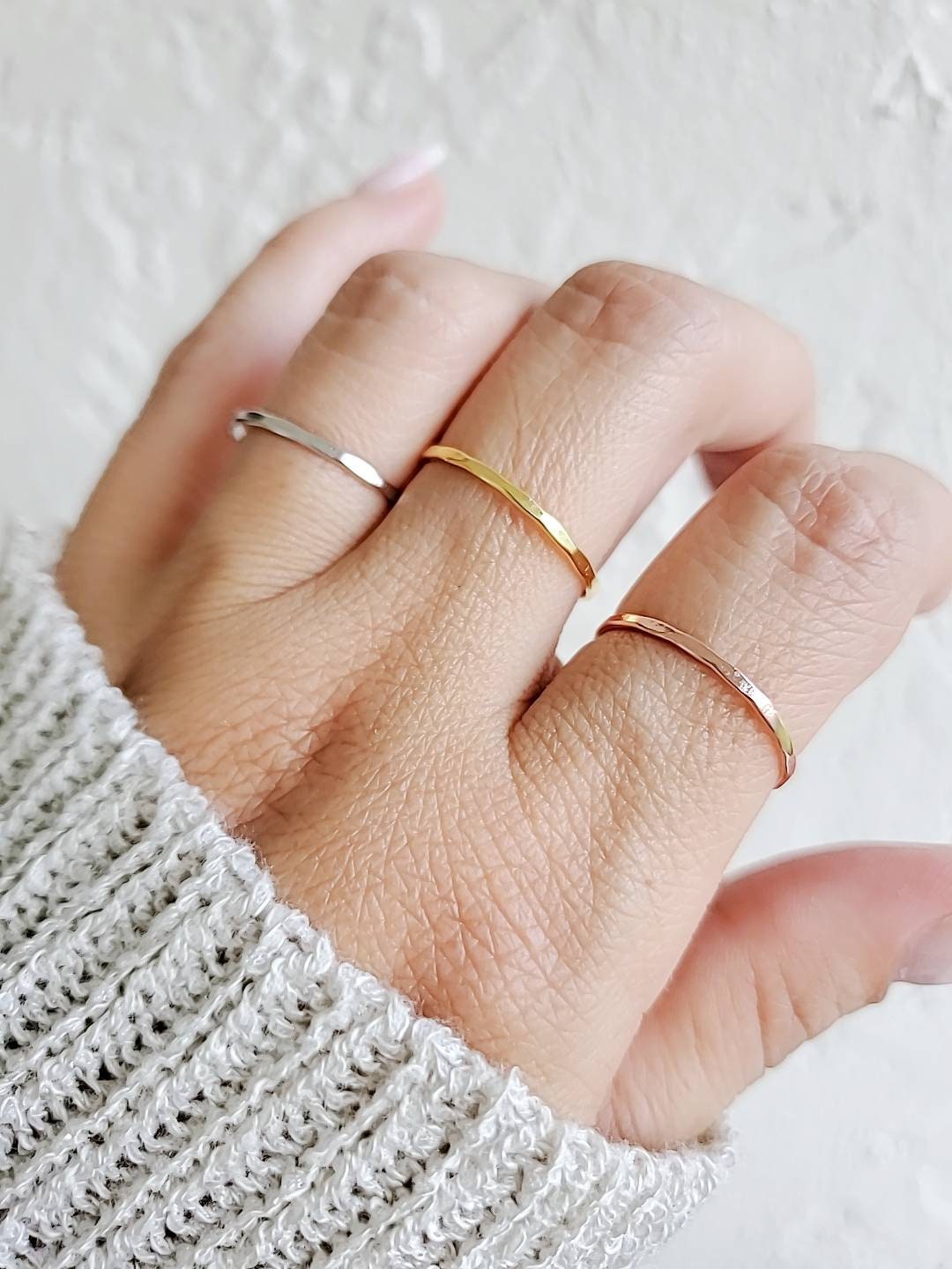 Sterling Silver Minimalist Thin Hammered Three Ring Set - view 3