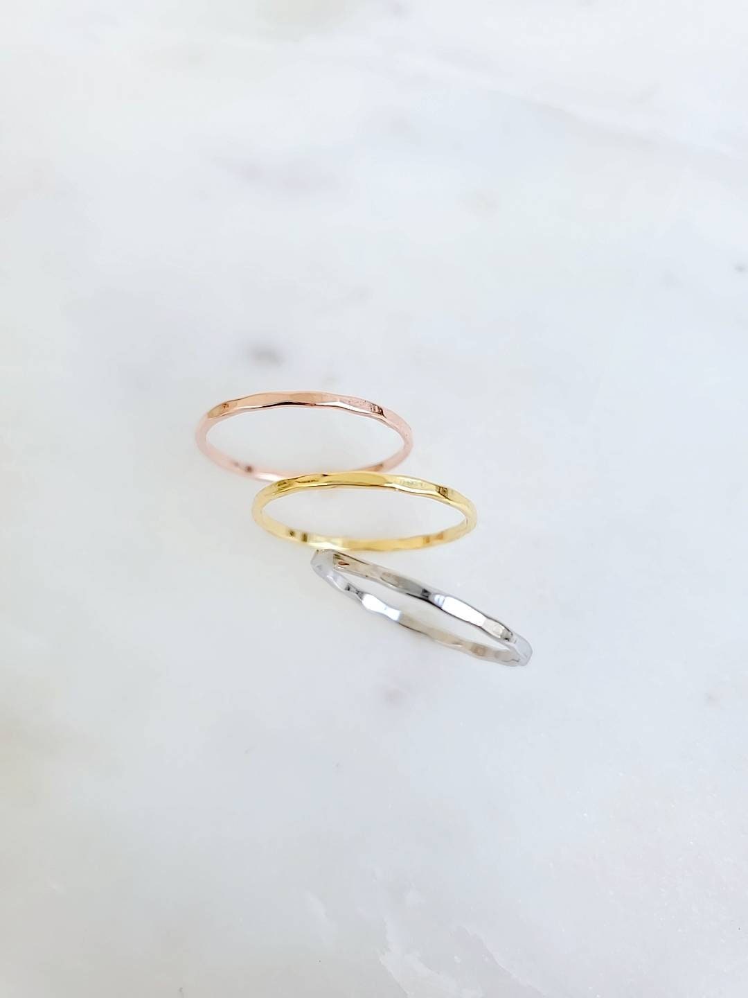 Sterling Silver Minimalist Thin Hammered Three Ring Set - view 9