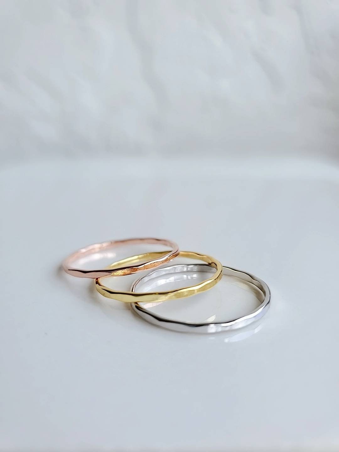Sterling Silver Minimalist Thin Hammered Three Ring Set - view 4