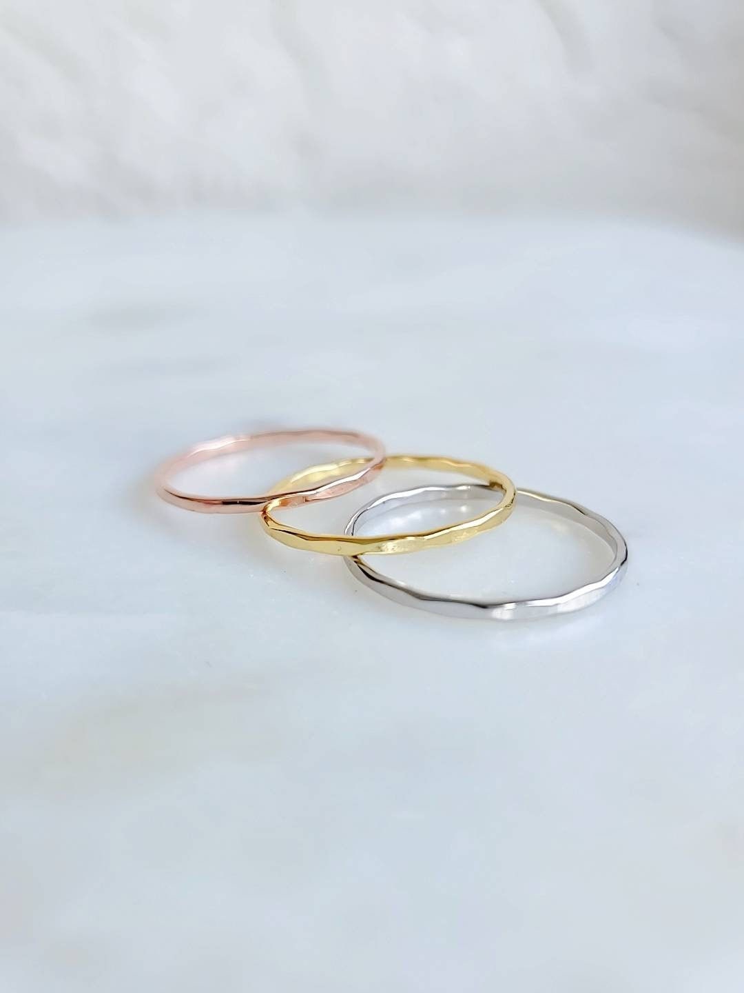 Sterling Silver Minimalist Thin Hammered Three Ring Set