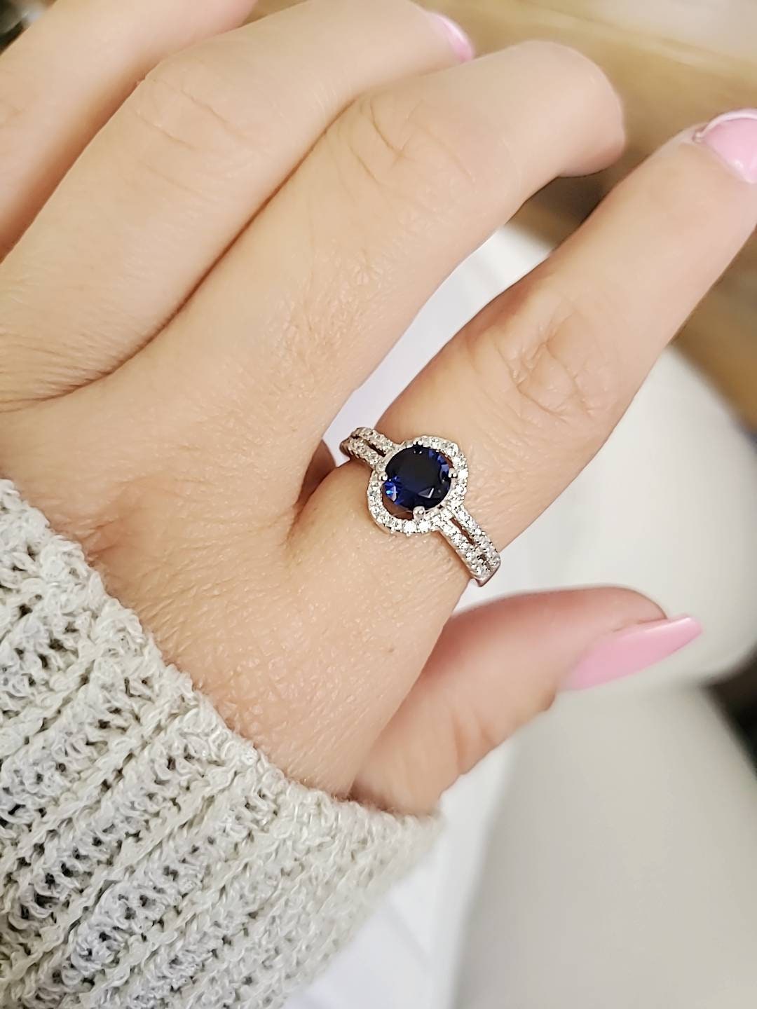 Sterling Silver Halo Sapphire Ring - view 6
