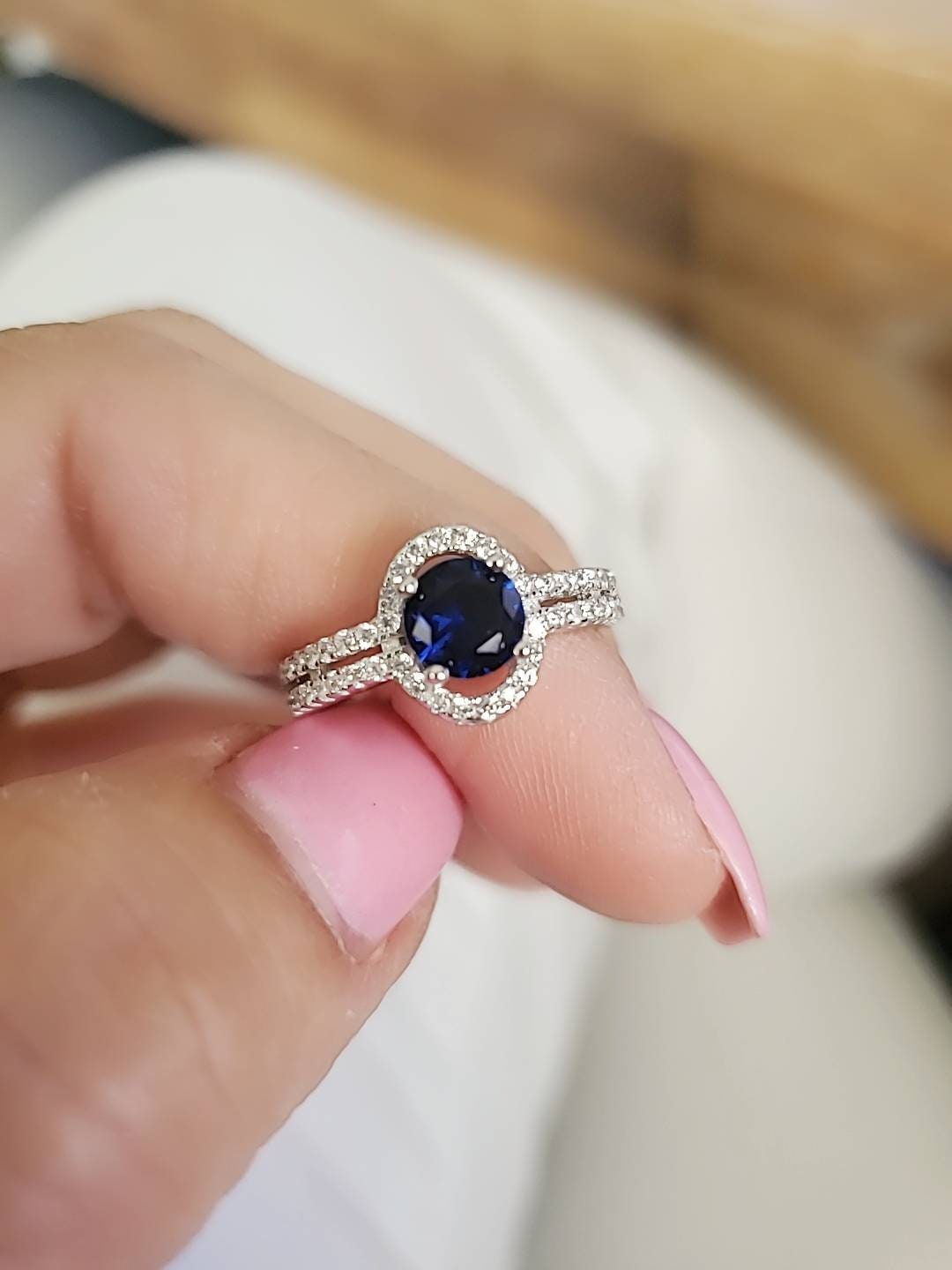 Sterling Silver Halo Sapphire Ring - view 8