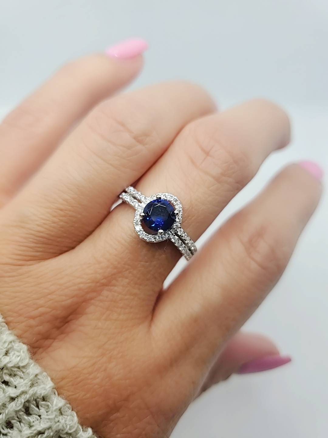 Sterling Silver Halo Sapphire Ring - view 9