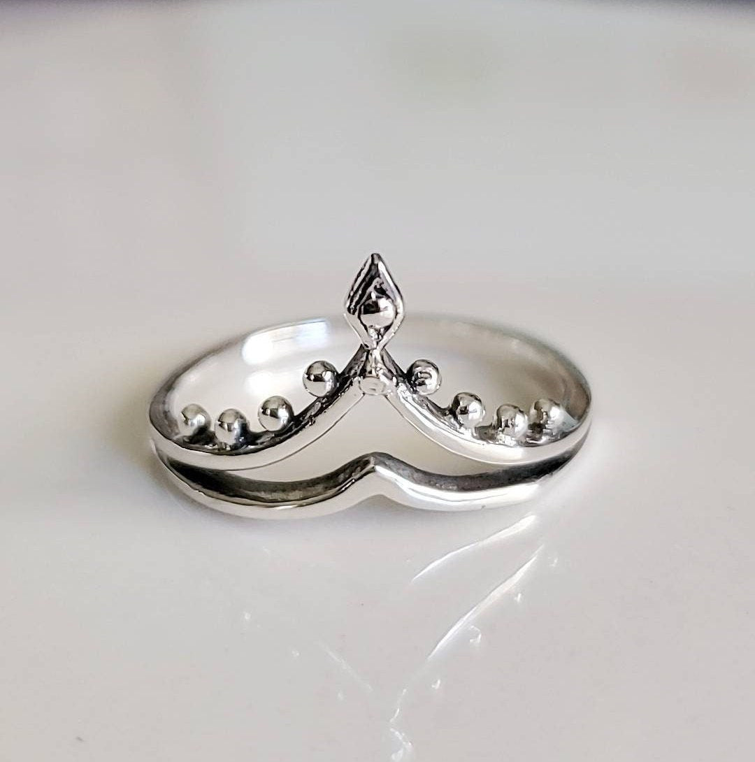 Sterling Silver Dainty Beaded Crown Ring - view 6