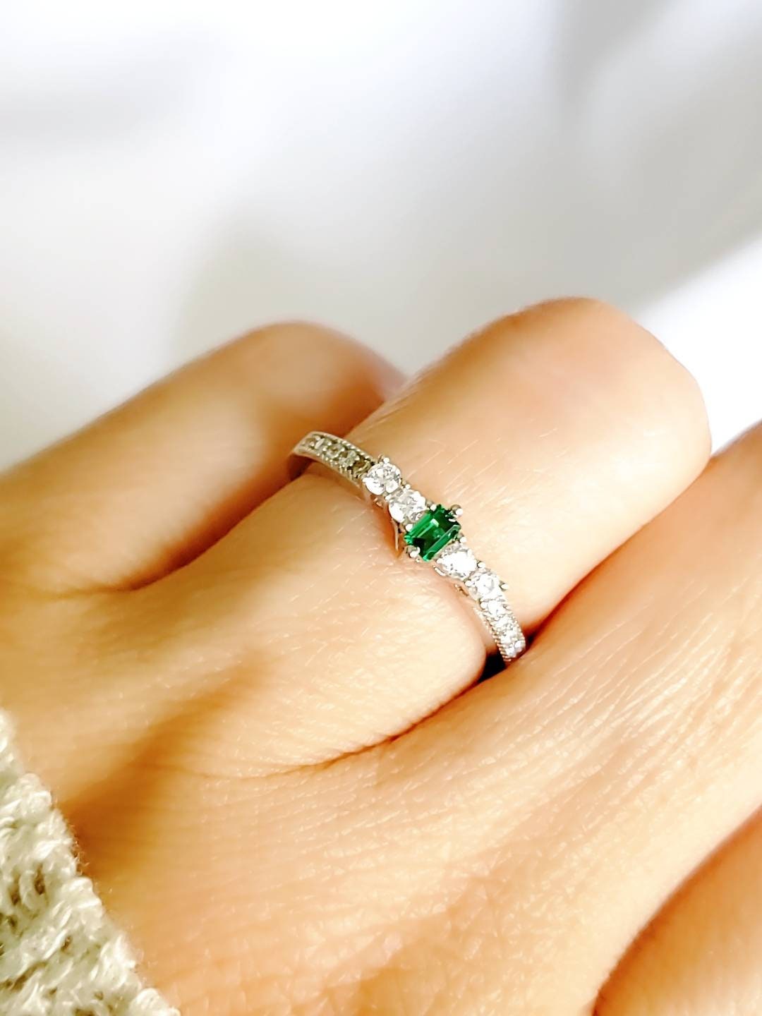 Sterling Silver Emerald Dainty Ring - view 5
