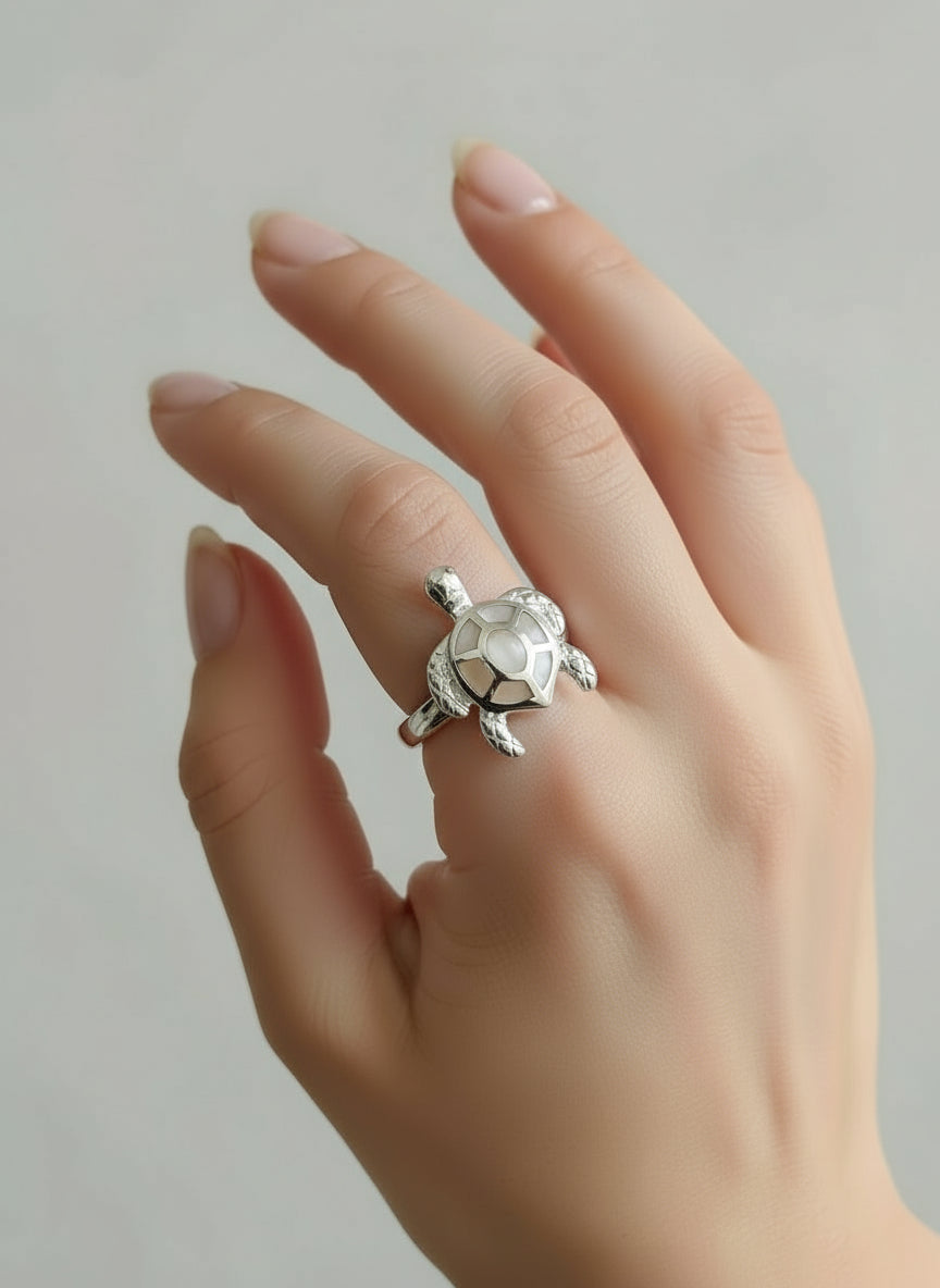 Sterling Silver Natural Mother of Pearl Turtle Ring - view 2
