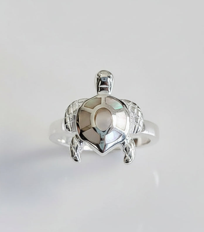 Sterling Silver Natural Mother of Pearl Turtle Ring - view 3