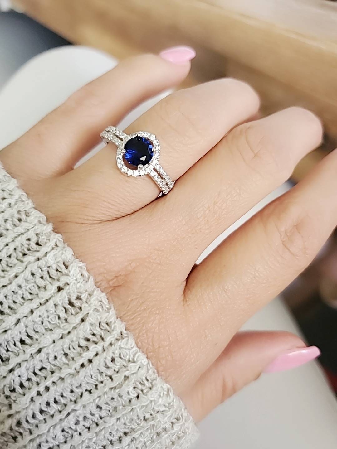 Sterling Silver Halo Sapphire Ring - view 7