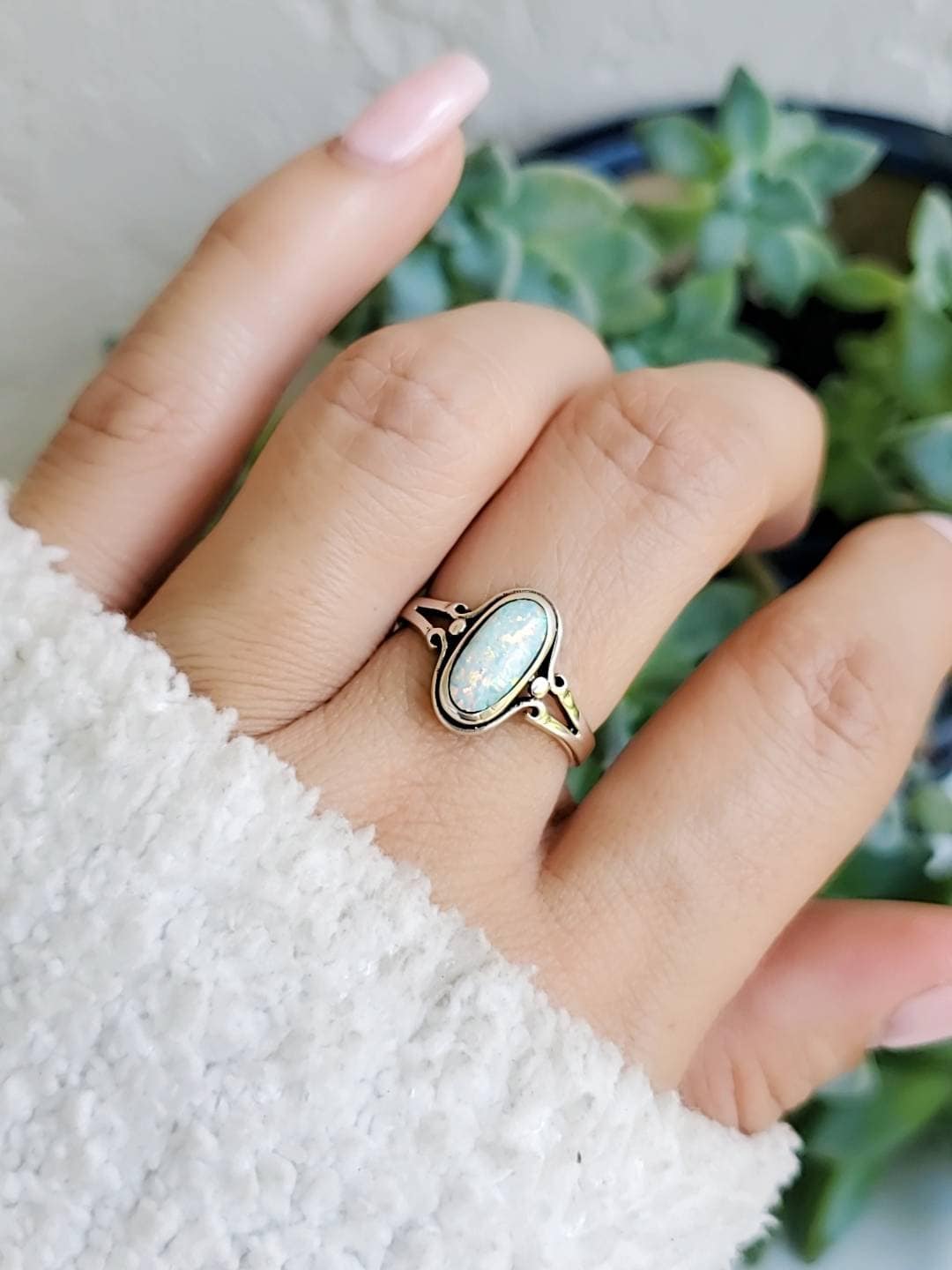Sterling Silver White Opal Oval Ring - view 6