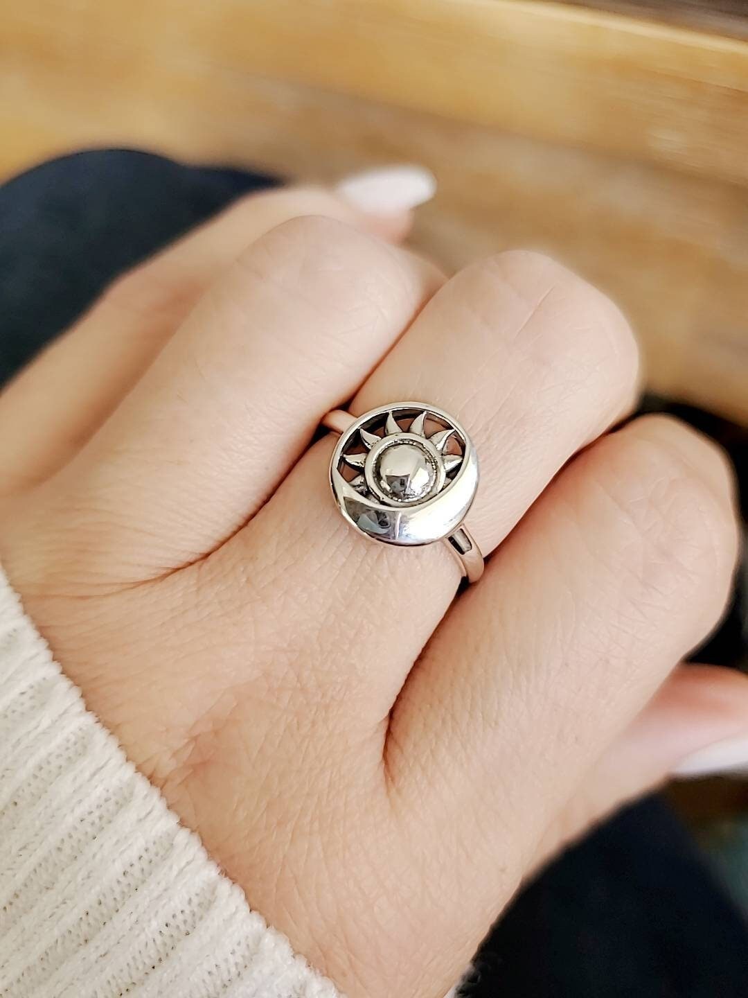 Sterling Silver Sun Eclipse Moon Ring - view 6
