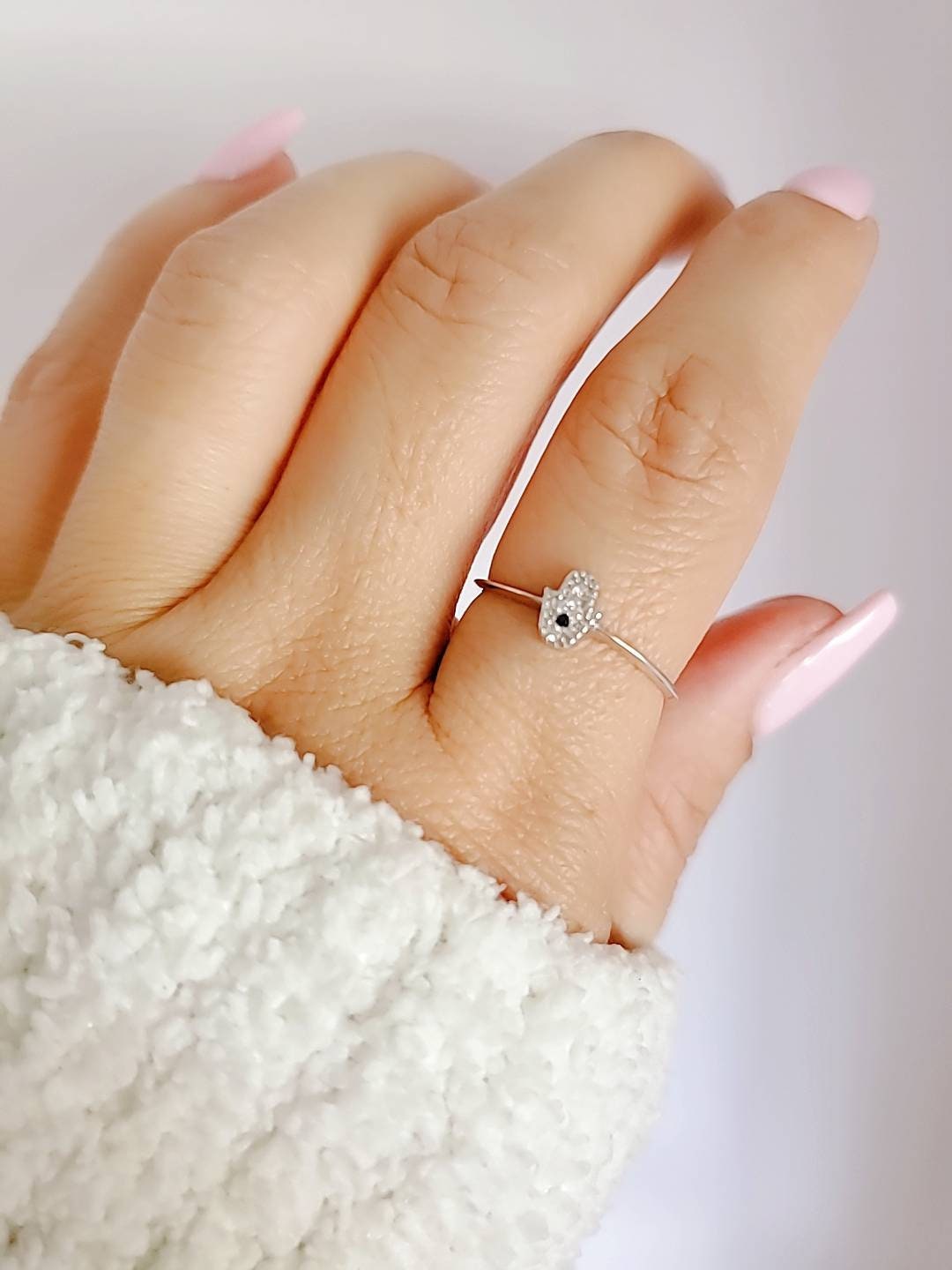 Sterling Silver Dainty Hamsa Amulet Ring - view 2