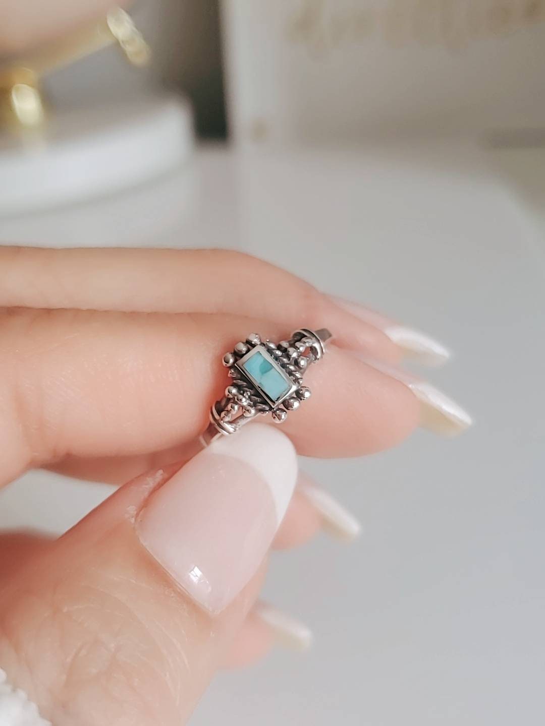 Sterling Silver Dainty Bali Turquoise Ring - view 8