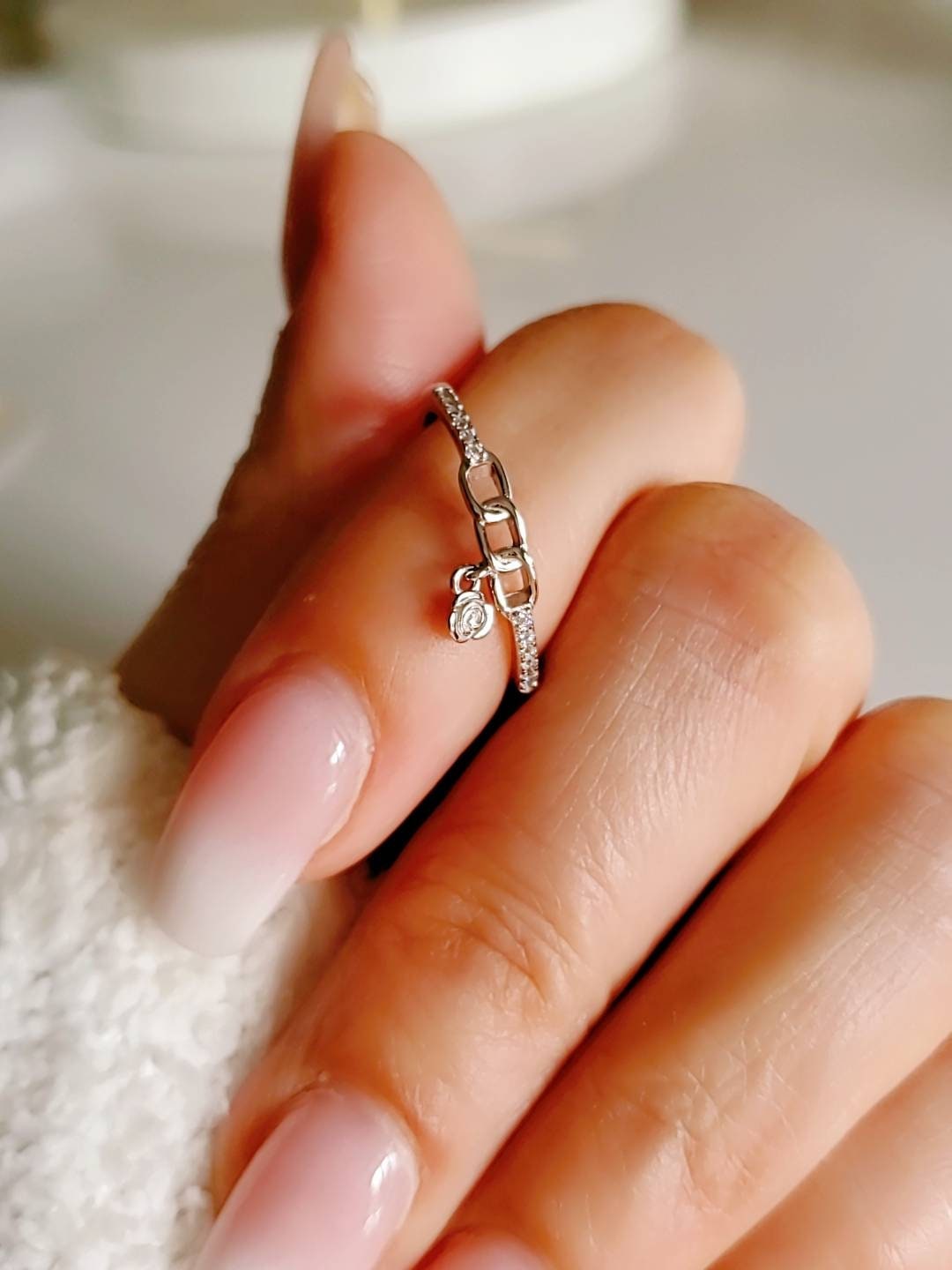 Sterling Silver Chain Ring with Dangling Flower - view 7