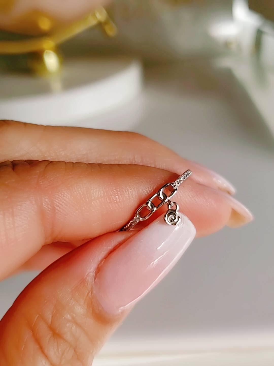 Sterling Silver Chain Ring with Dangling Flower - view 6
