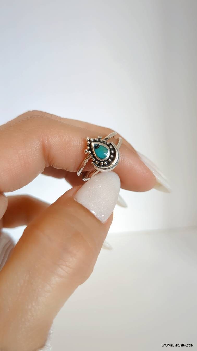 Sterling Silver Turquoise Beaded Crescent Moon Ring - view 7
