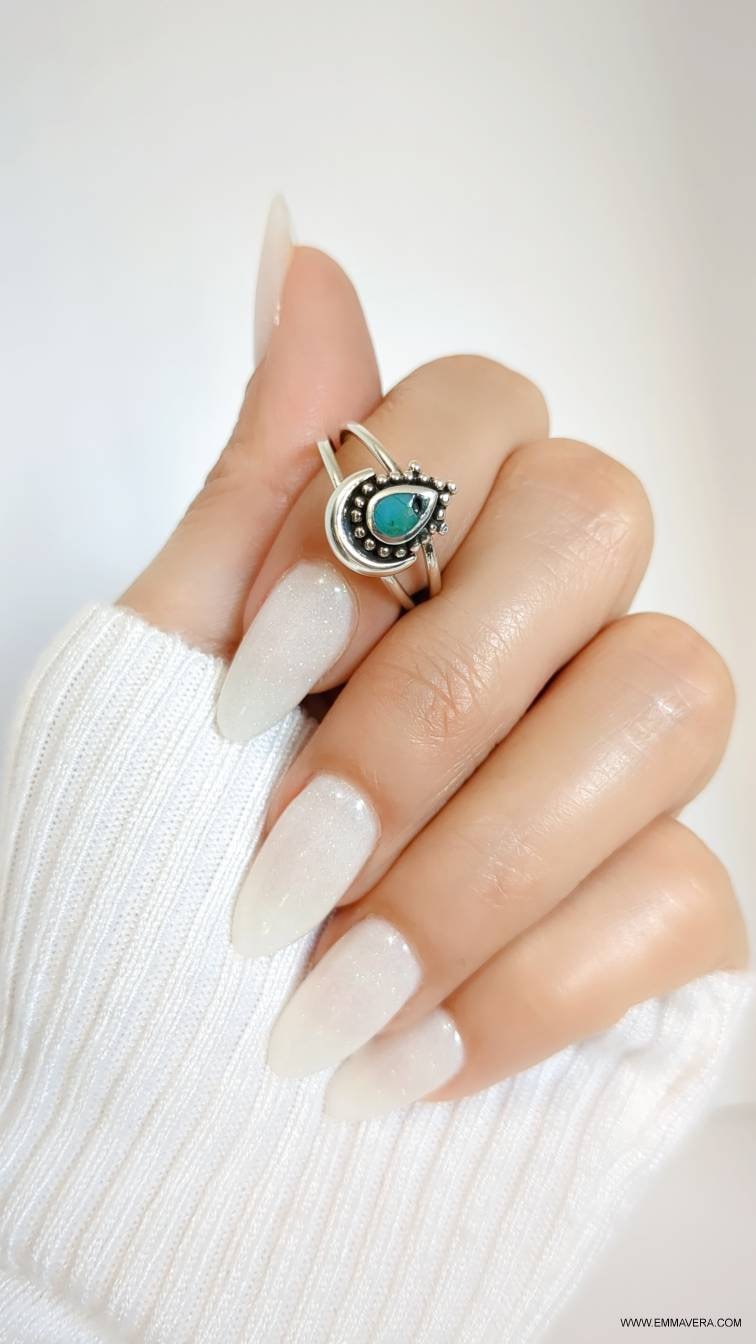 Sterling Silver Turquoise Beaded Crescent Moon Ring - view 2