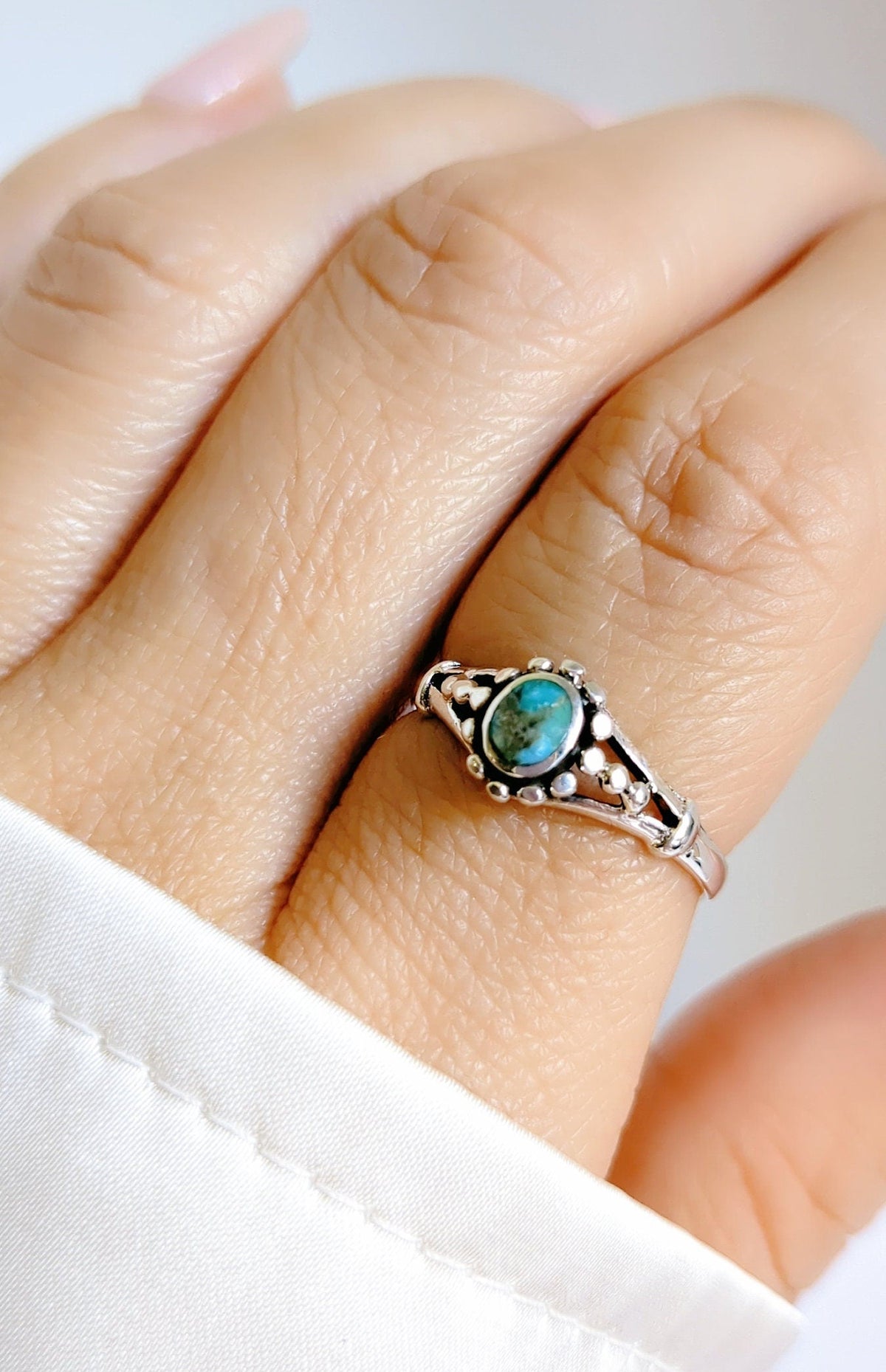 Sterling Silver Natural Turquoise Bali Beaded Ring - view 7