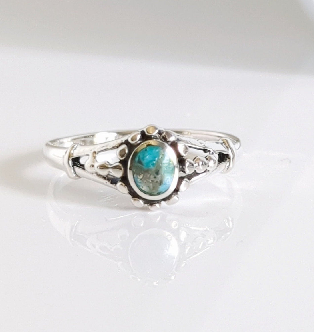 Sterling Silver Natural Turquoise Bali Beaded Ring