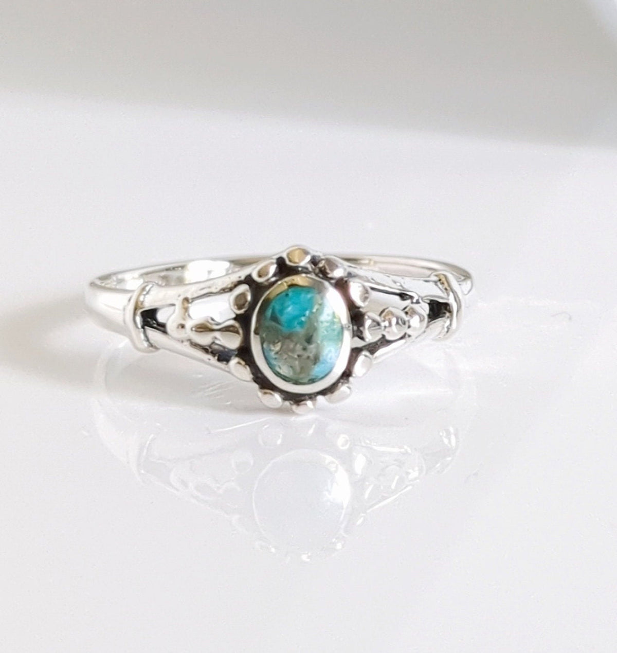 Sterling Silver Natural Turquoise Bali Beaded Ring