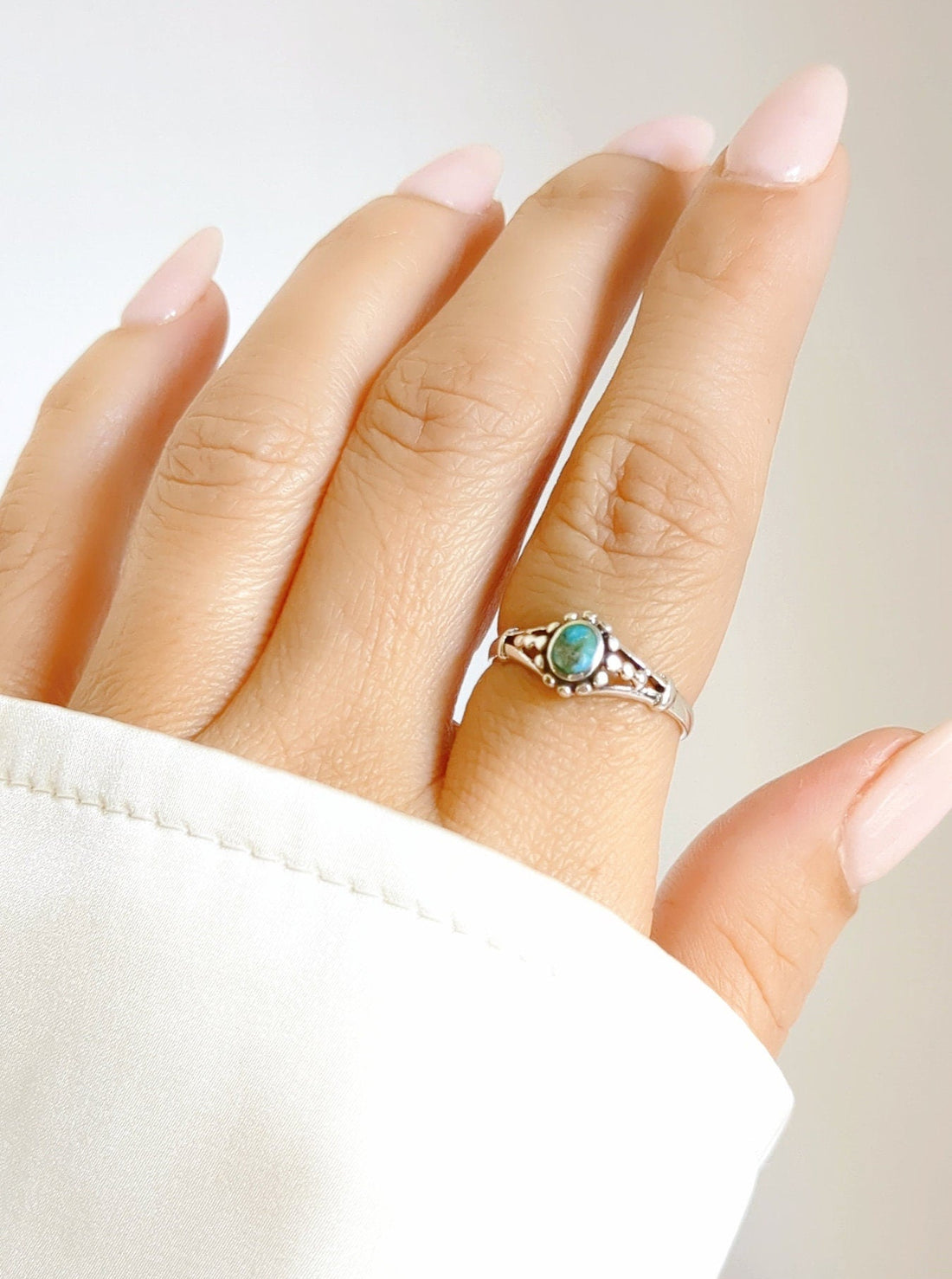 Sterling Silver Natural Turquoise Bali Beaded Ring