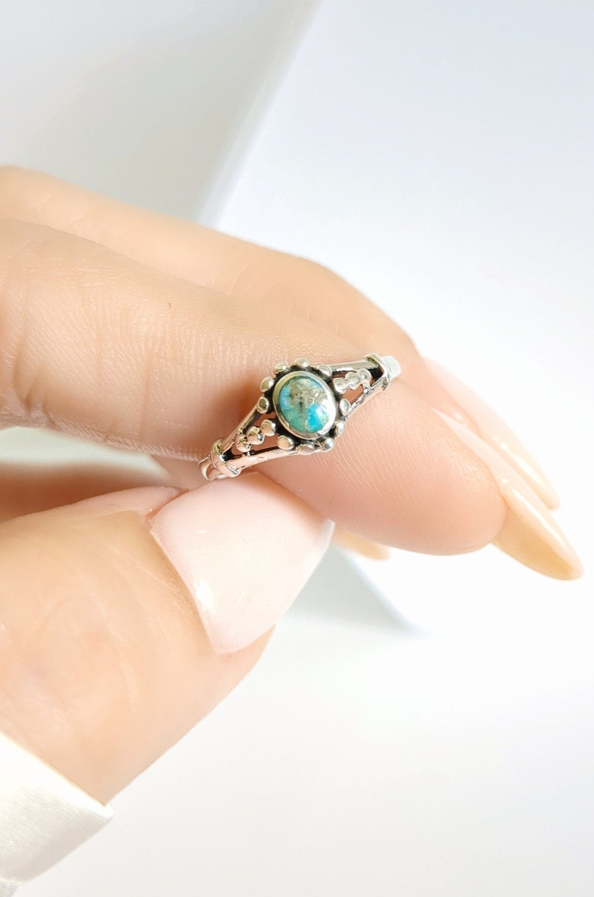Sterling Silver Natural Turquoise Bali Beaded Ring - view 5
