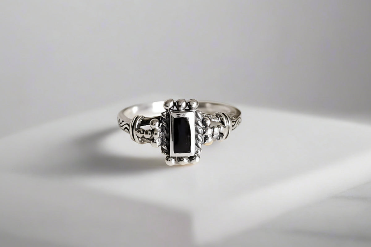 Sterling Silver Black Onyx Bali Ring