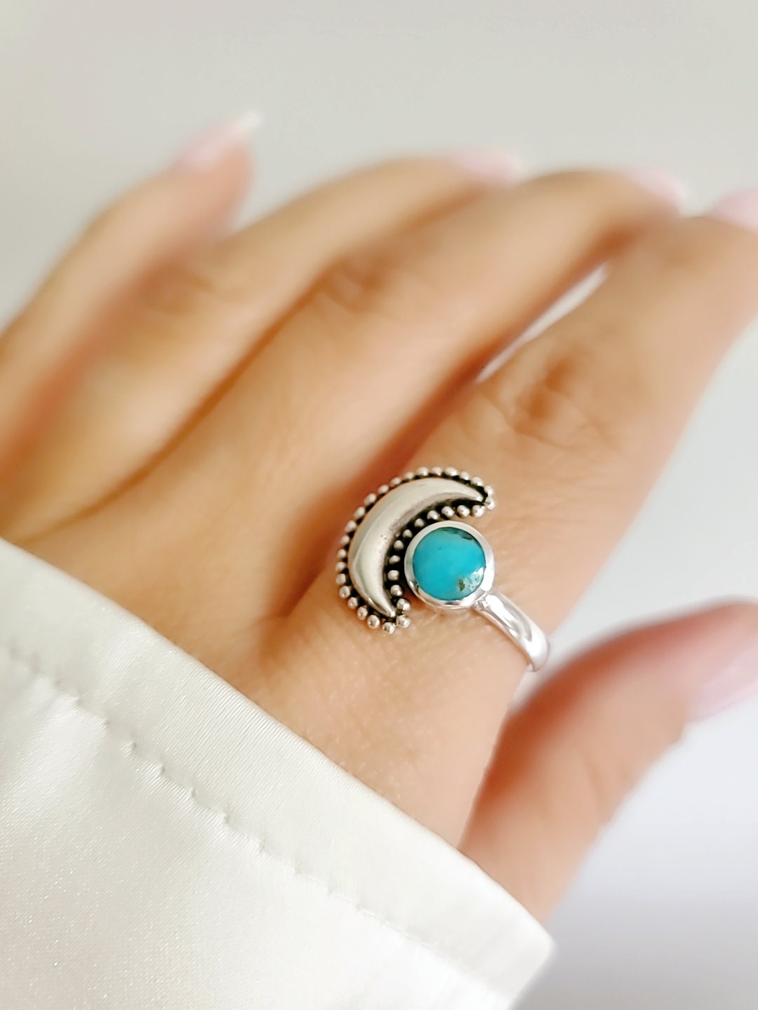 Sterling Silver Genuine Turquoise Crescent Moon Bali Ring - view 4