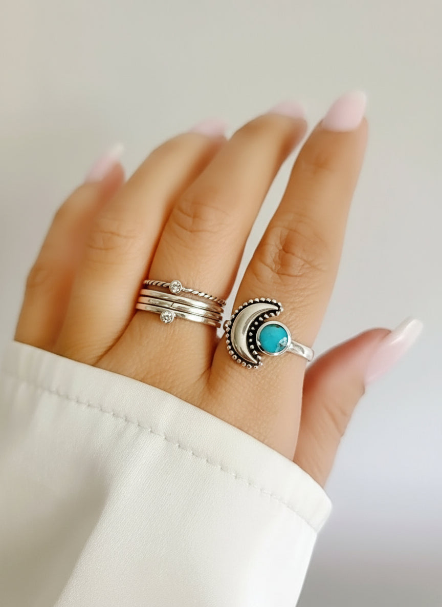 Sterling Silver Genuine Turquoise Crescent Moon Bali Ring - view 2