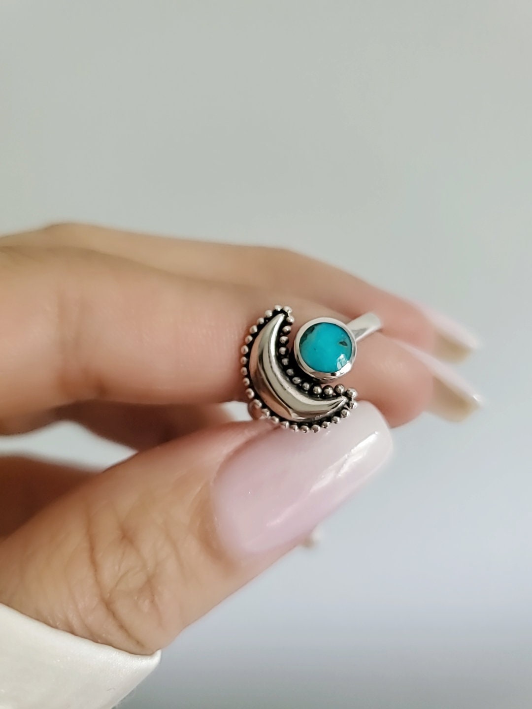 Sterling Silver Genuine Turquoise Crescent Moon Bali Ring - view 7