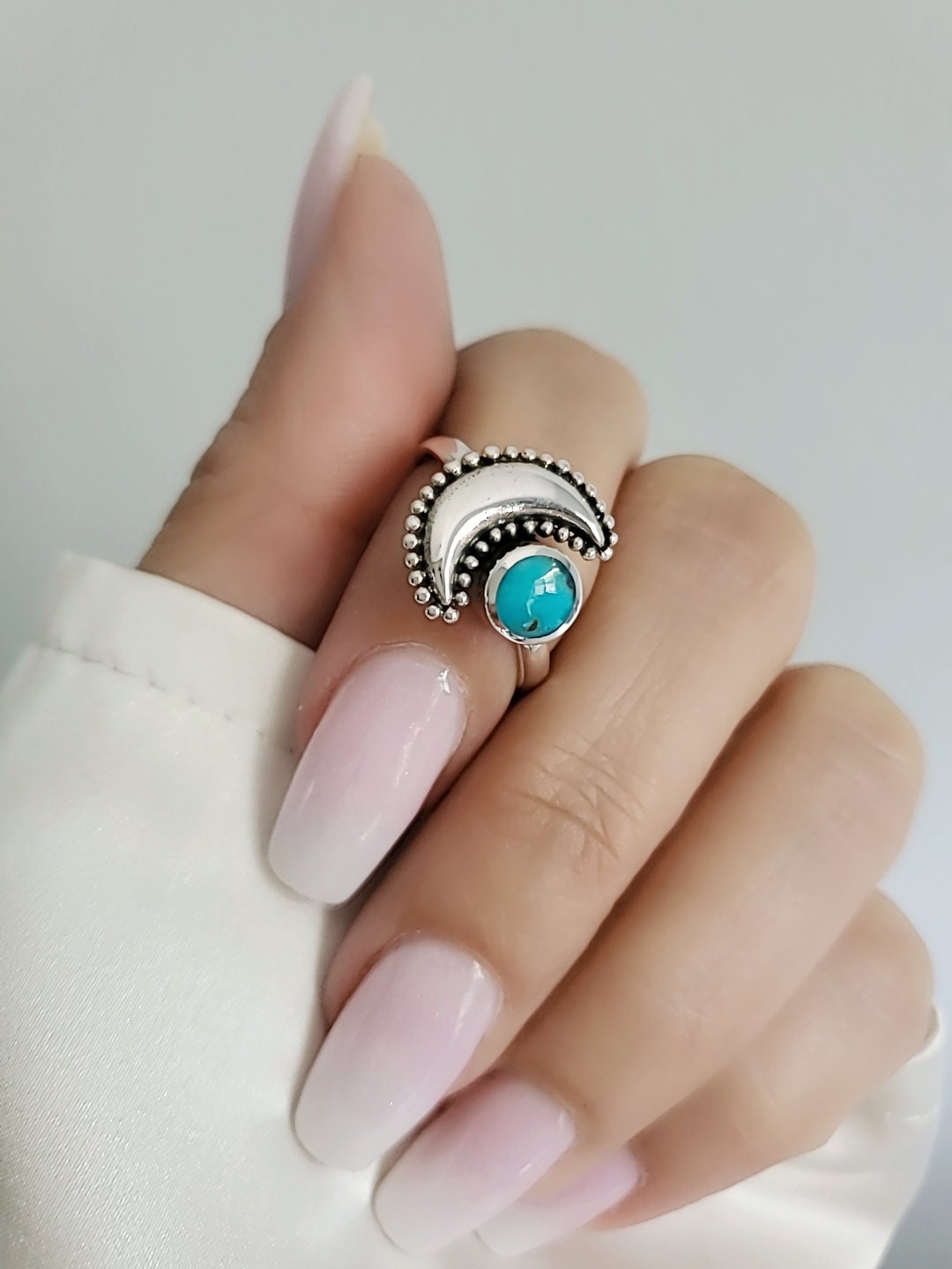 Sterling Silver Genuine Turquoise Crescent Moon Bali Ring - view 6