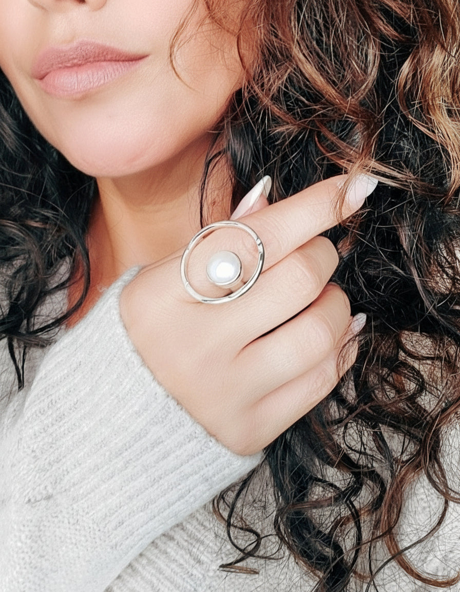 Sterling Silver 925 Fresh Water Floating Pearl Statement Ring - view 6