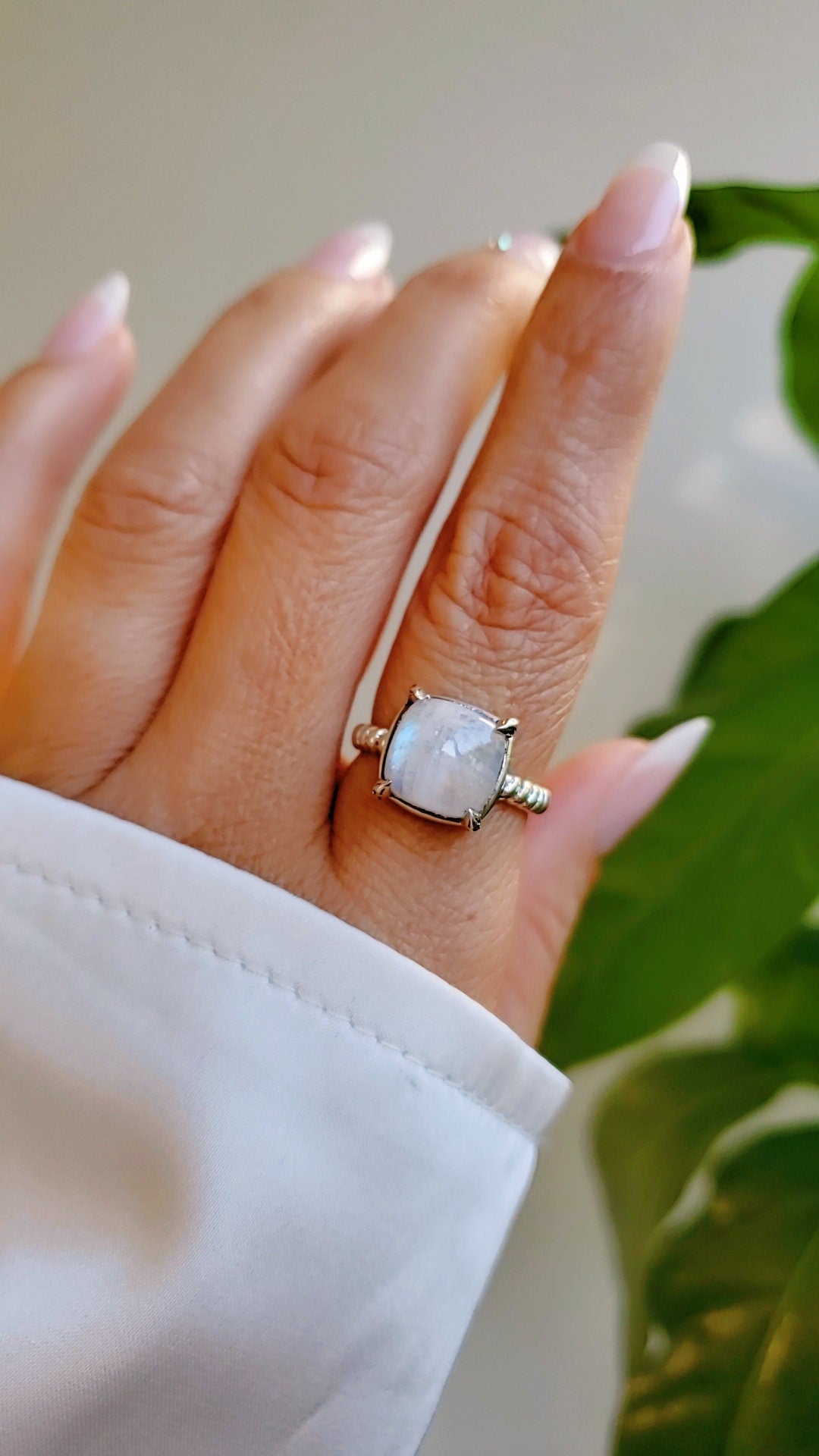 Sterling Silver Natural Rainbow Moonstone Ring
