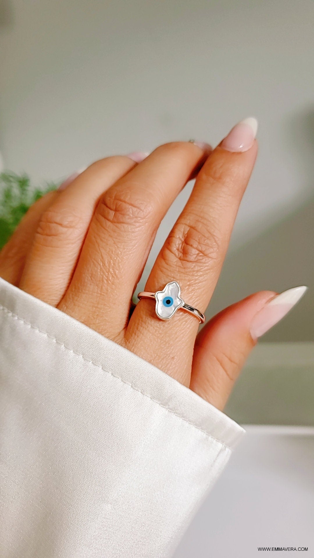 Sterling Silver Mother of Pearl Hamsa Evil Eye Hand Ring - view 2