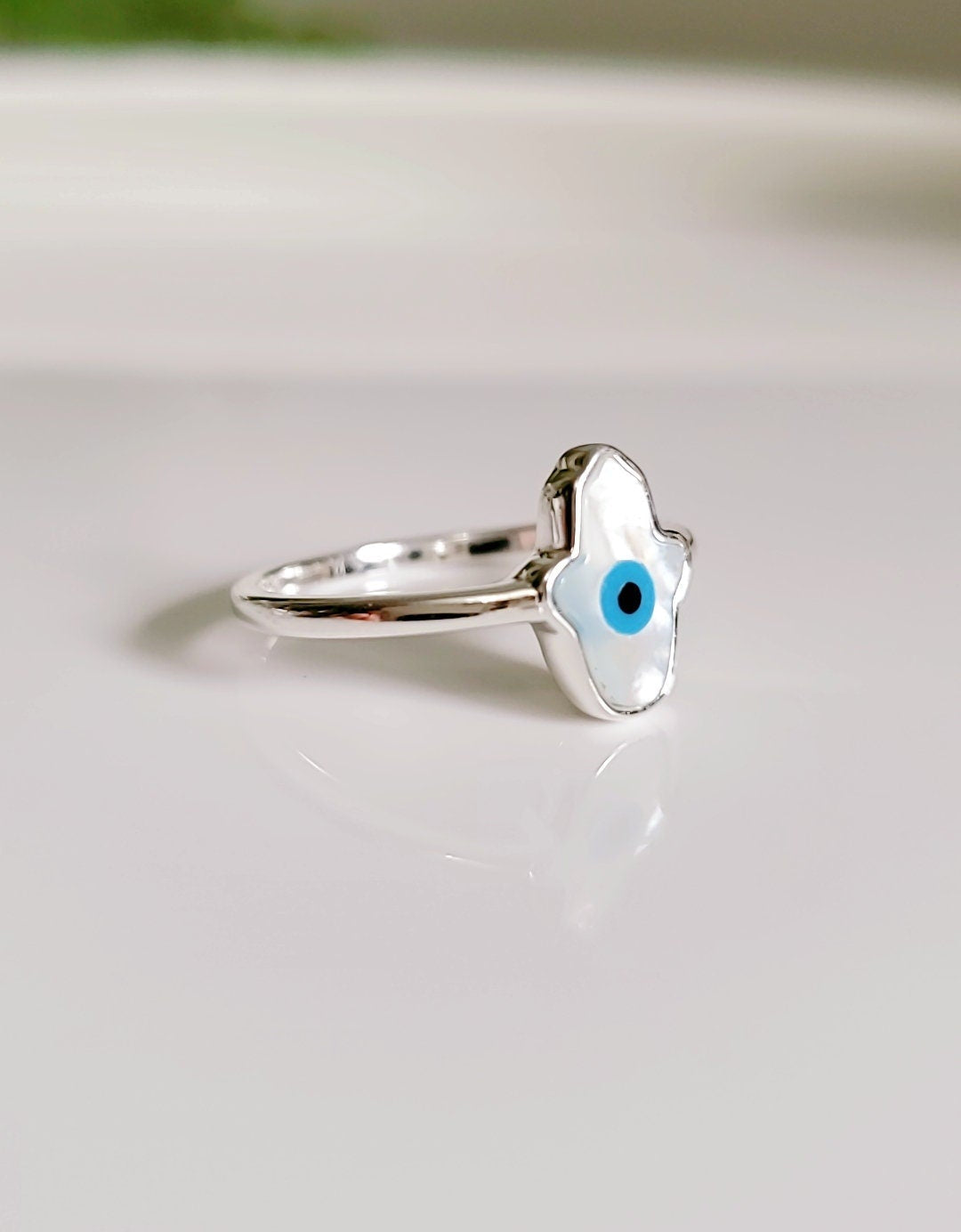 Sterling Silver Mother of Pearl Hamsa Evil Eye Hand Ring - view 3