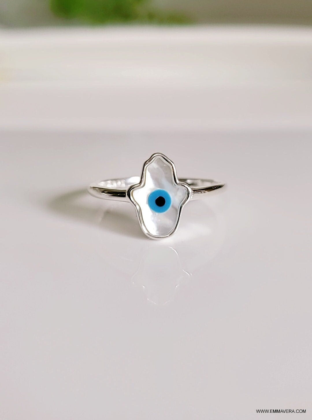 Sterling Silver Mother of Pearl Hamsa Evil Eye Hand Ring - view 7