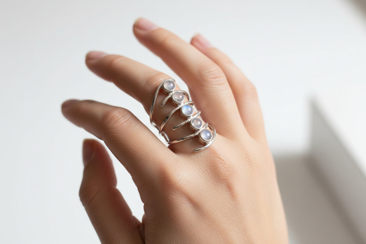 Sterling Silver Natural Moonstone Bold Shield Ring - view 4