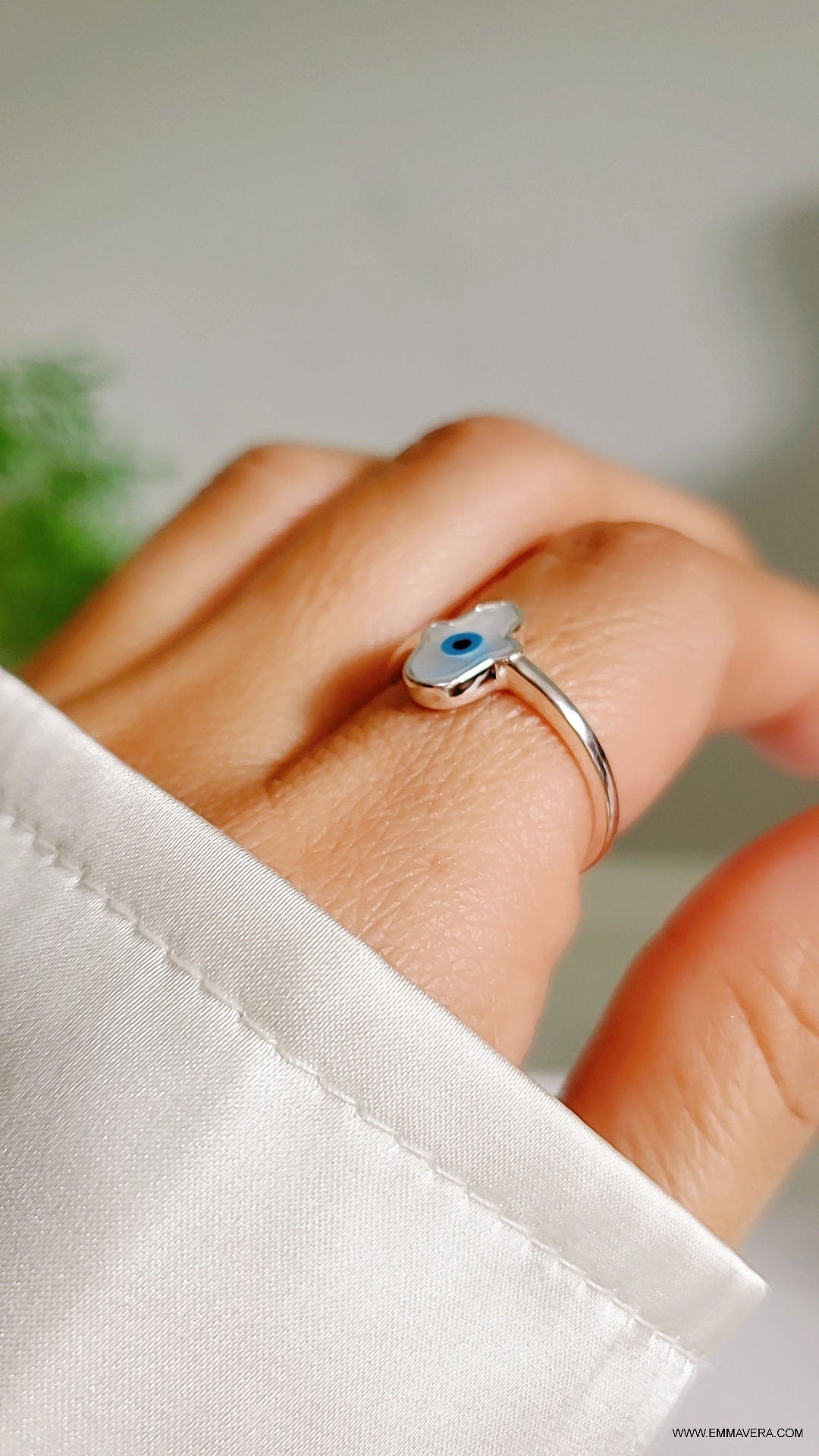 Sterling Silver Mother of Pearl Hamsa Evil Eye Hand Ring - view 6
