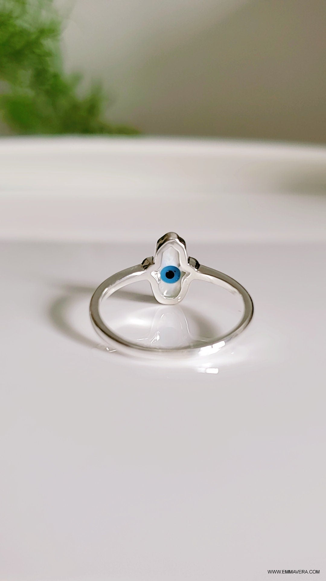 Sterling Silver Mother of Pearl Hamsa Evil Eye Hand Ring - view 5