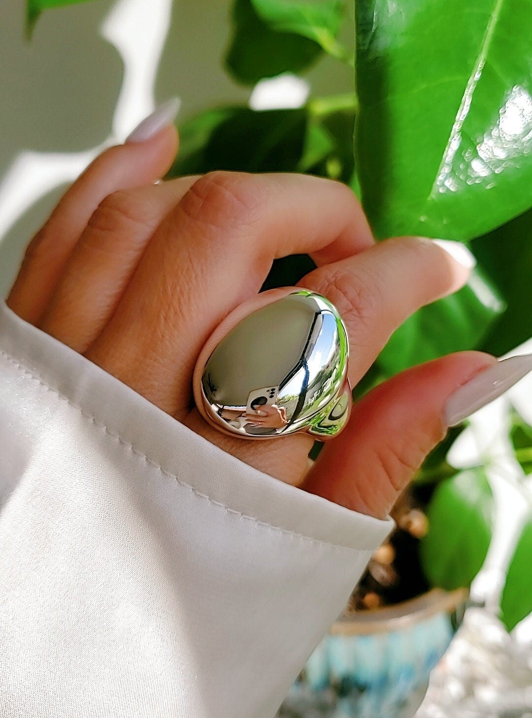 Sterling Silver Oval Dome Wide Art Deco Chunky Ring - view 4