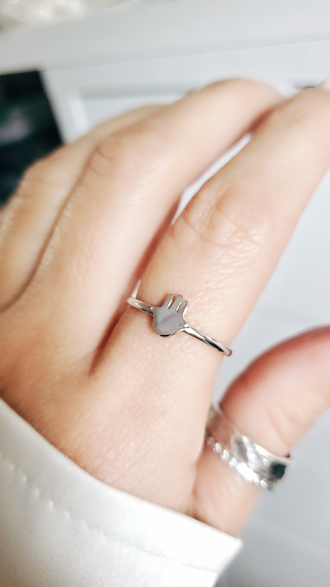 Sterling Silver Dainty Hamsa Hand Ring - view 6