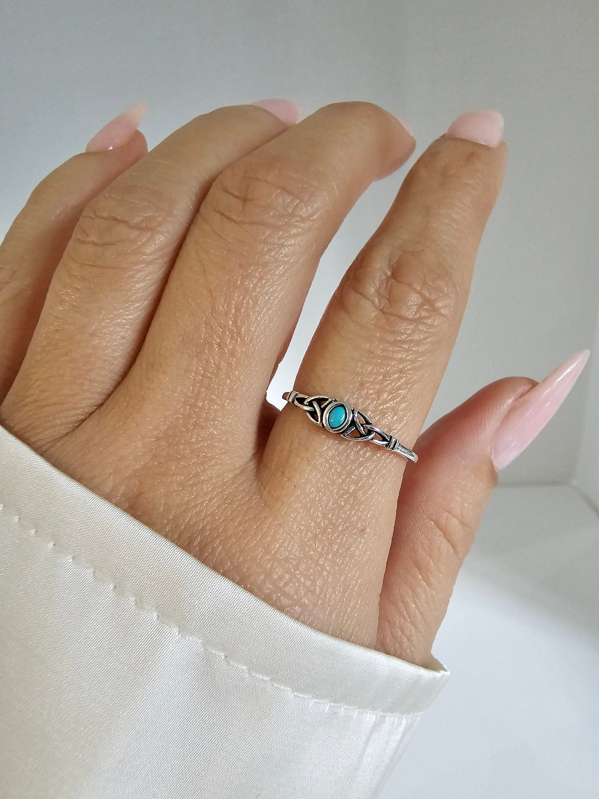 Sterling Silver Minimalist Tiny Turquoise Celtic Ring - view 2