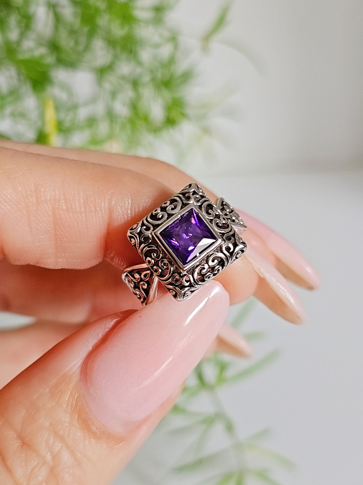 Sterling Silver Bali Square Princess Cut Amethyst Ring - view 7