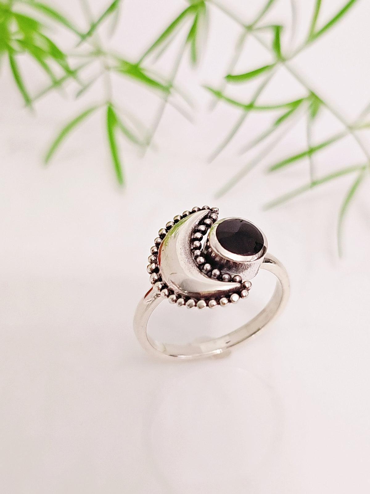 Sterling Silver Crescent Black Onyx Moon Ring - view 5