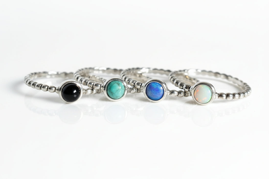 Sterling Silver Beaded Opal Ring Turquoise, Onyx, or Blue Opal
