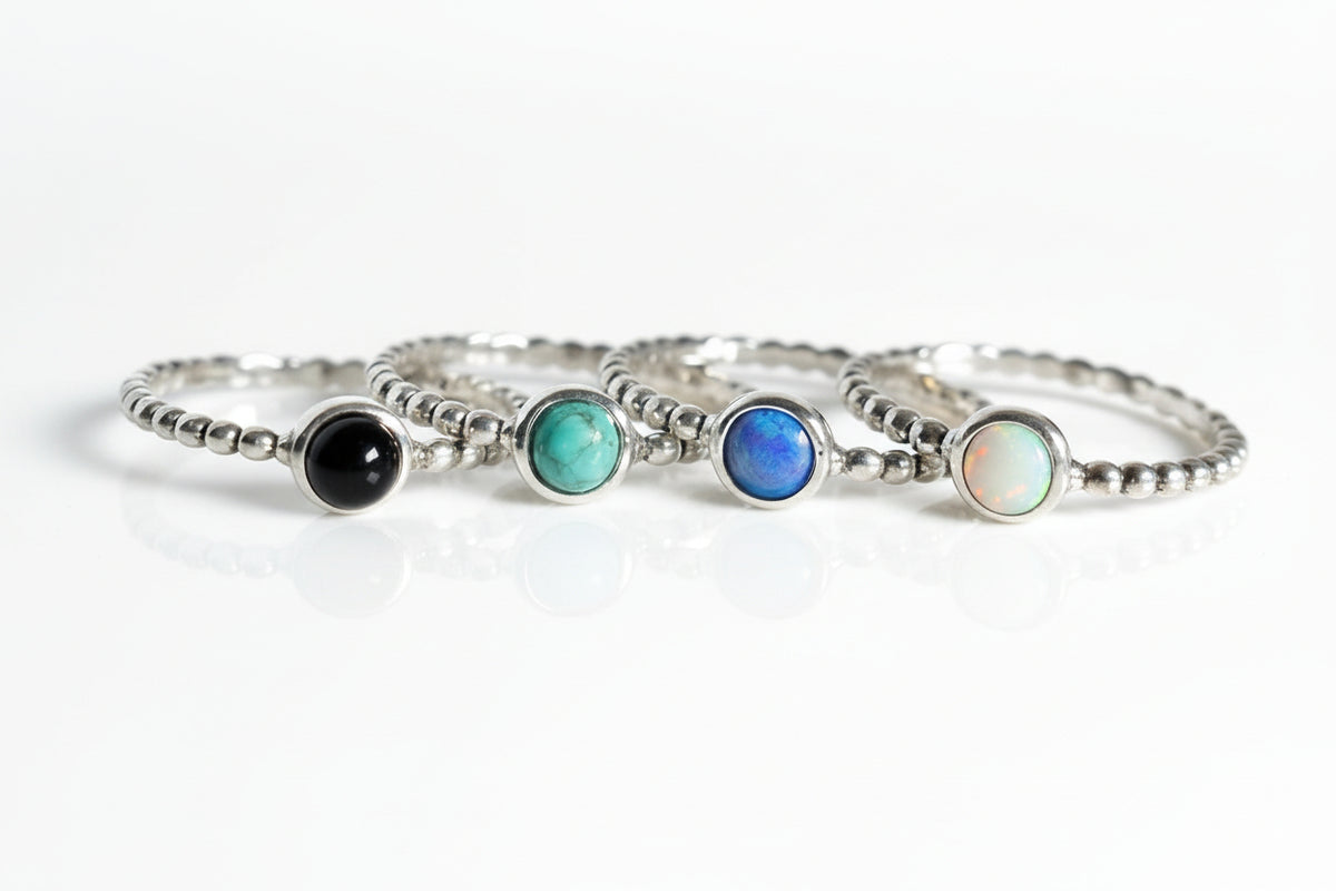 Sterling Silver Beaded Opal Ring Turquoise, Onyx, or Blue Opal