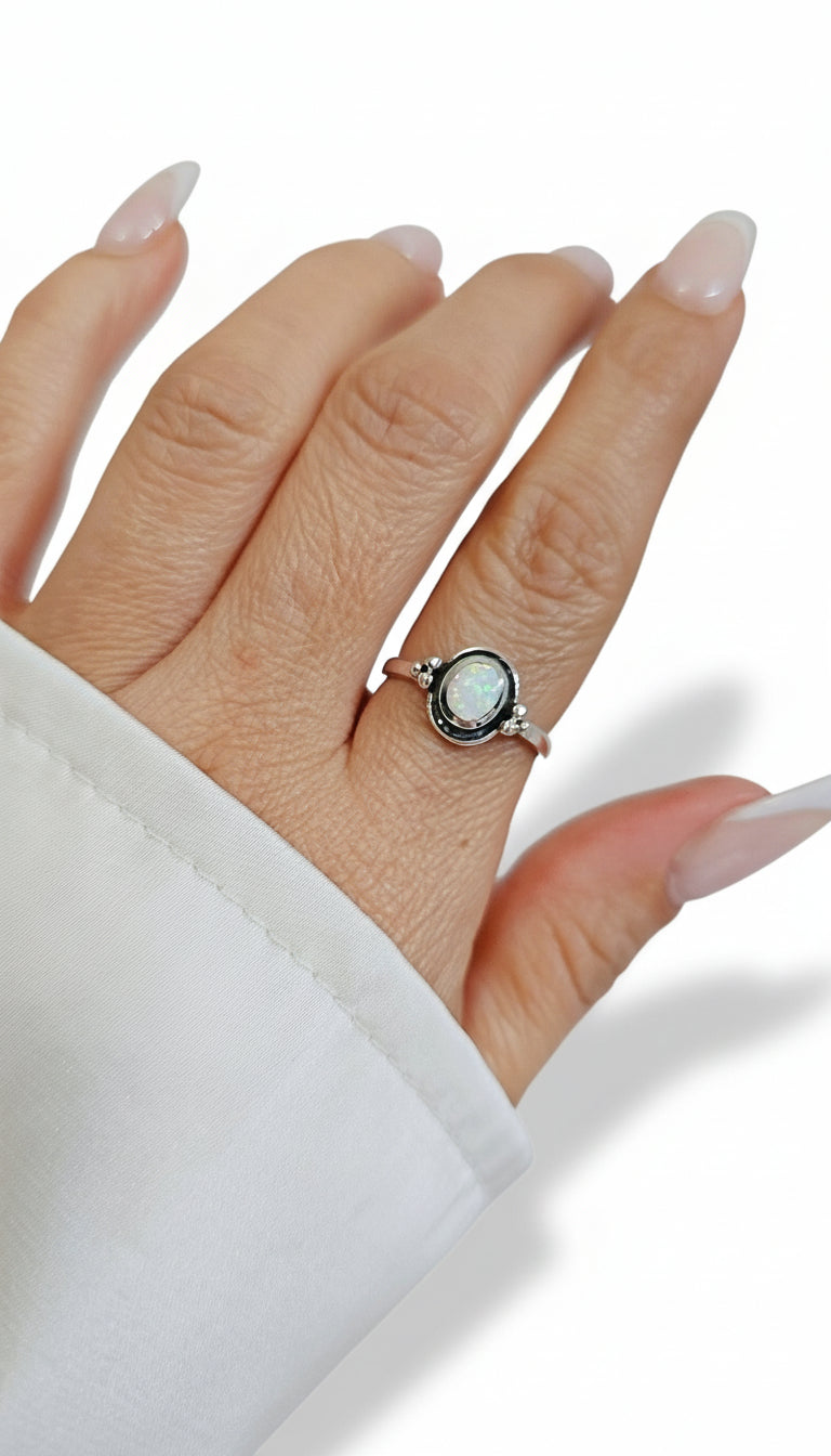 Sterling Silver Rainbow White Opal Ring - view 2